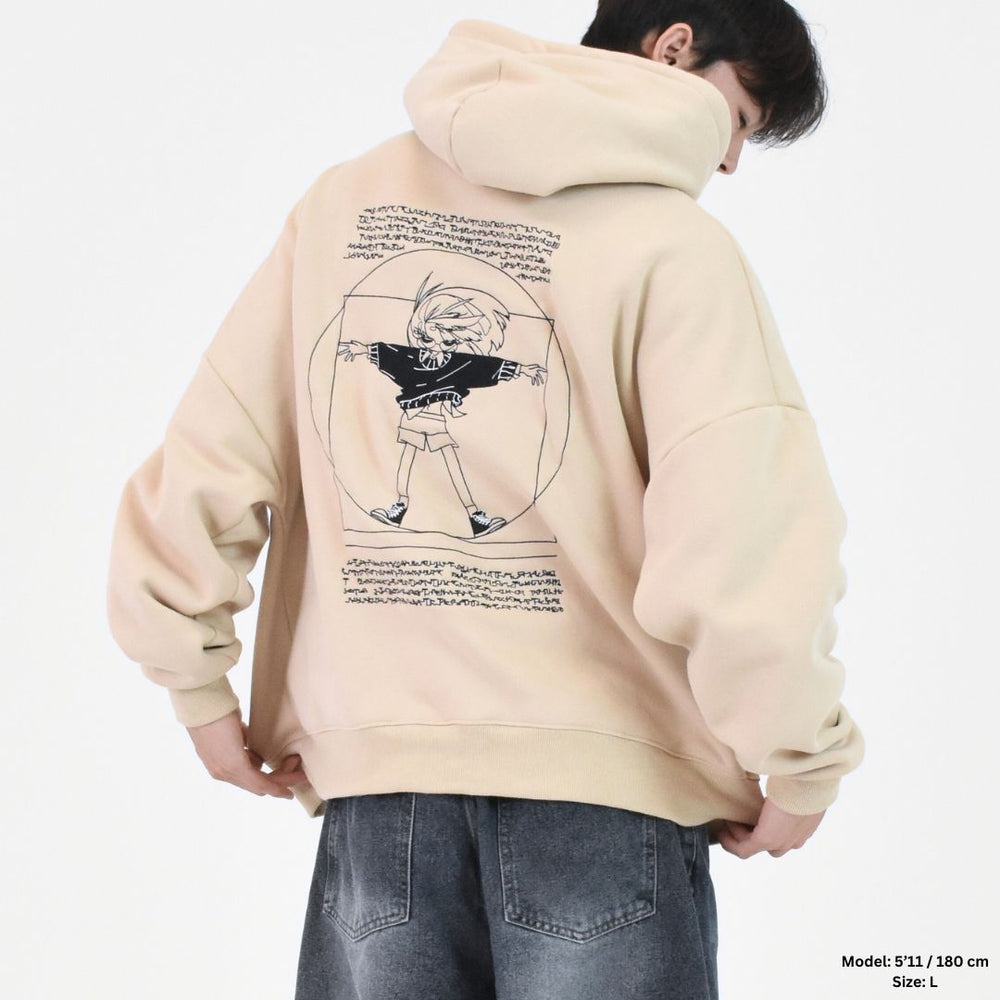 A person wearing a sand beige hoodie with a graphic and text on the back, over a white background.