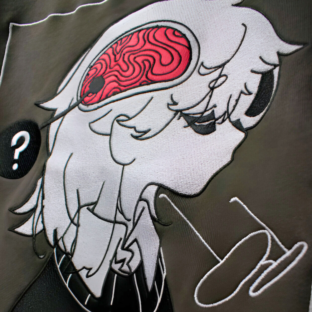 close shot of back embroidery with offscript girl