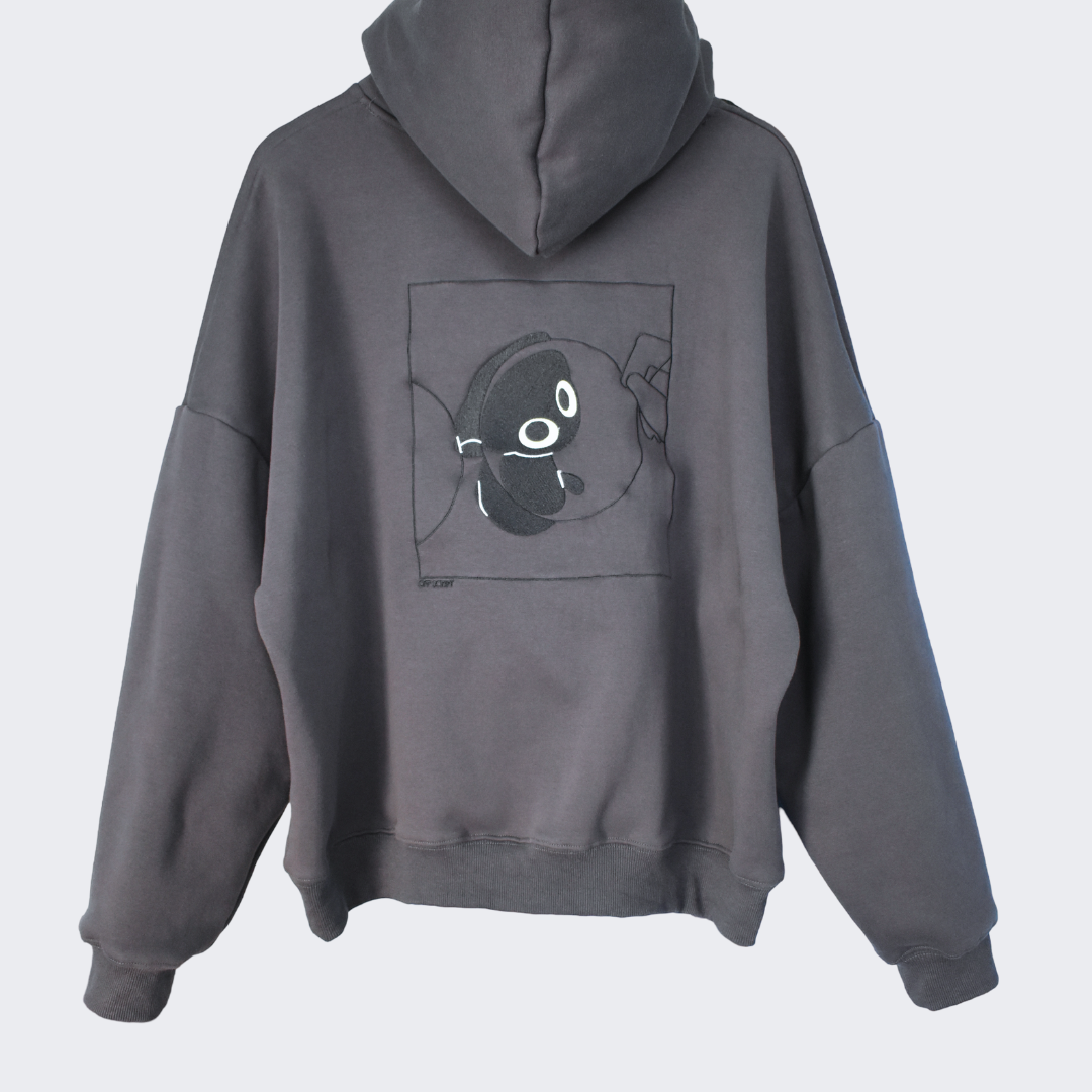 A gray hoodie with a graphic print of a cat on the front.
