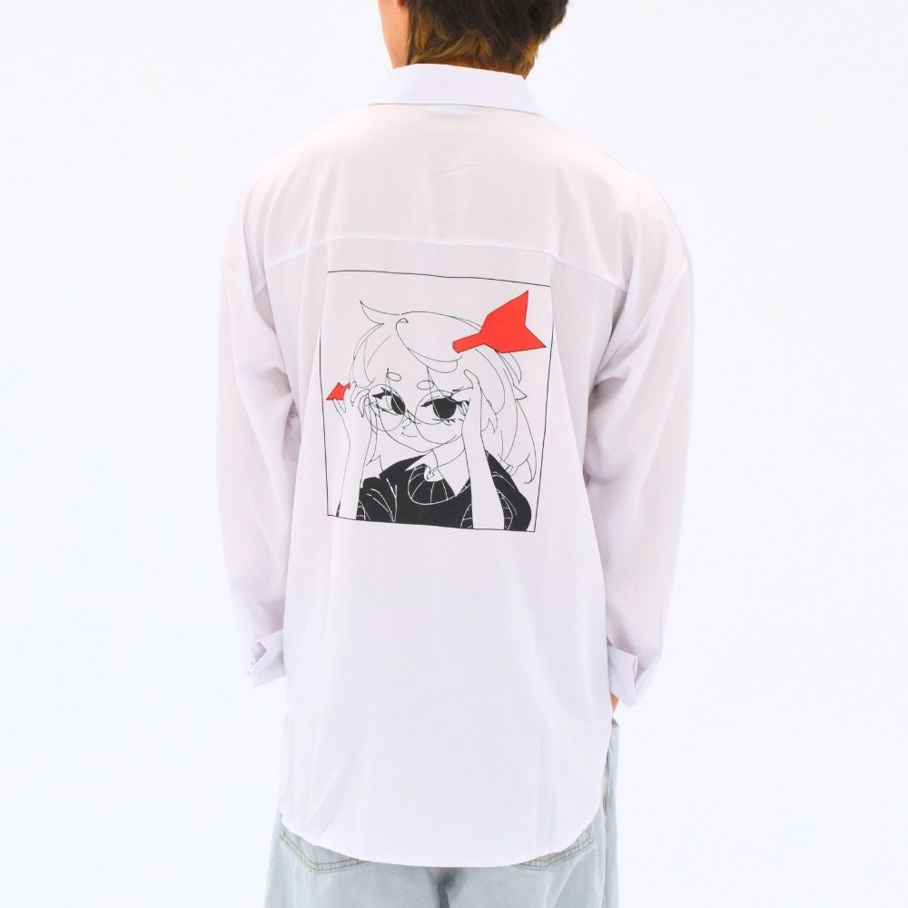 A person wearing a white long-sleeve collar shirt with a graphic print on the back.