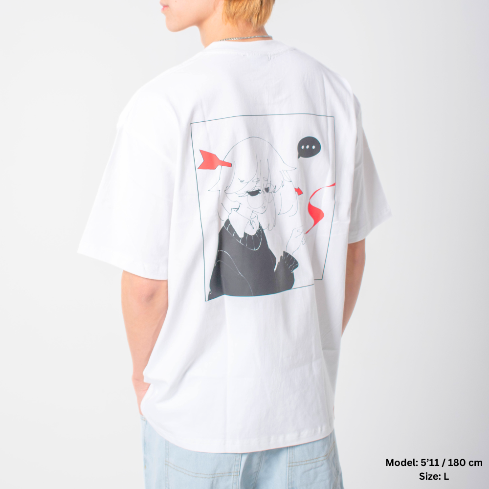 A person wearing an oversized white T-Shirt with a graphic print on the back, standing against a white background.
