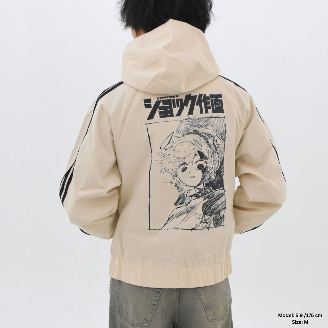 Beige jacket with anime character design on the back against a white background