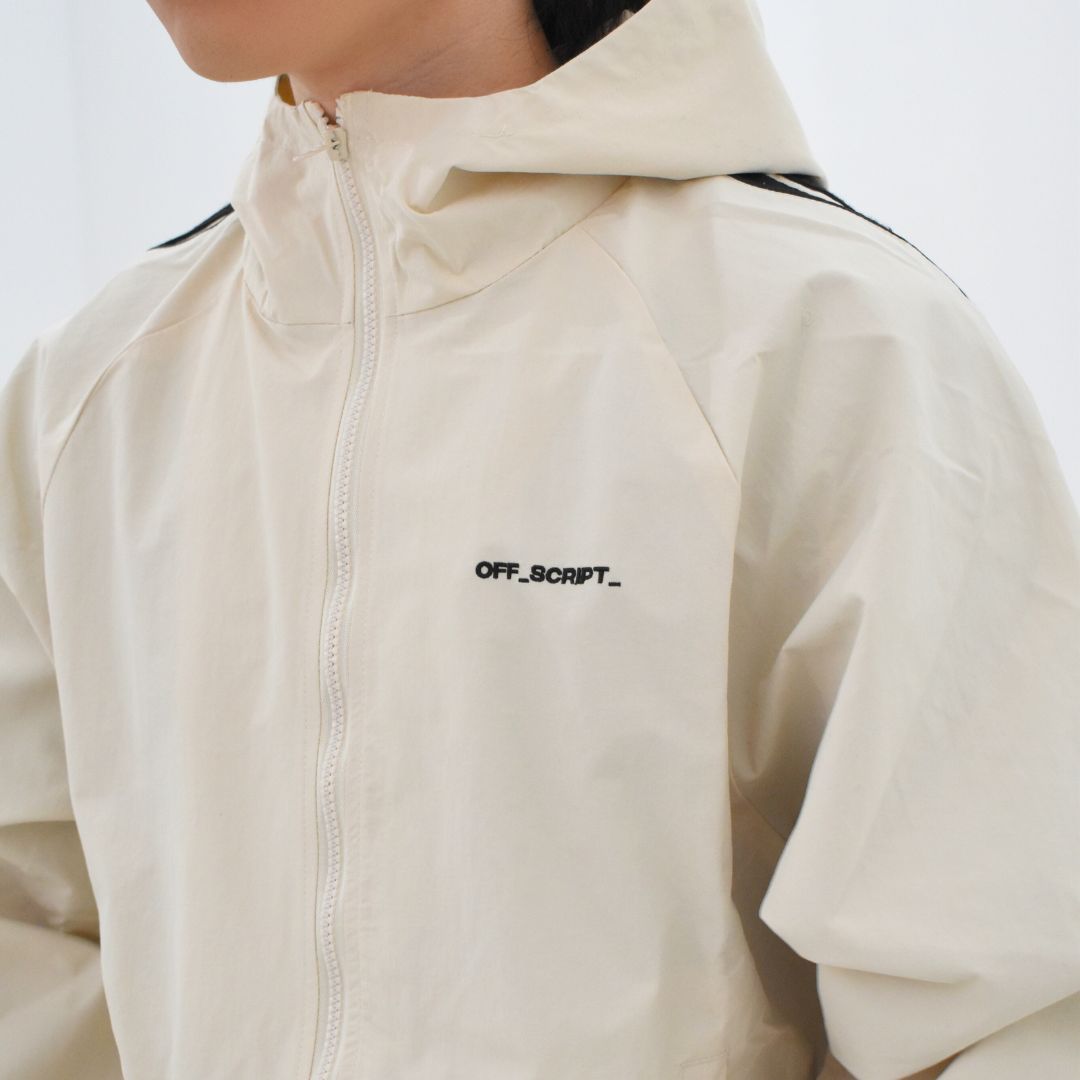 Beige hoodie with 'OFF SCRIPT_' branding on a plain background
