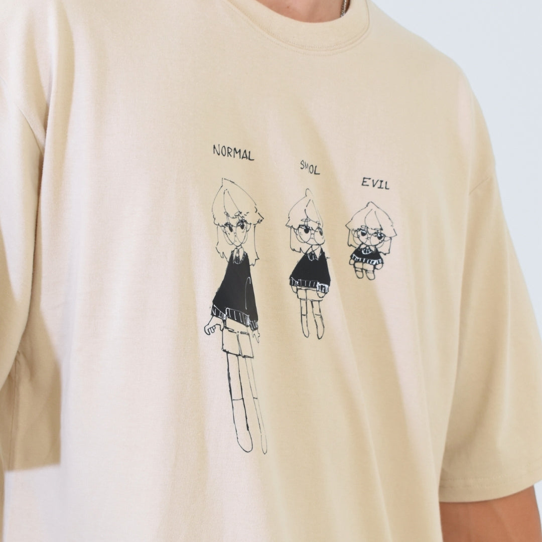 Beige long-sleeve shirt with black illustrations and text on a plain background