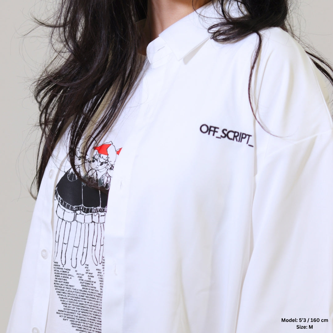 White shirt with graphic design and 'OFF SCRIPT' text worn by a person.