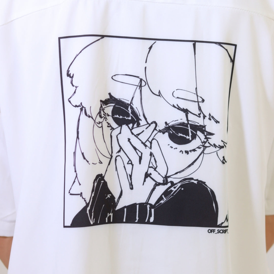 White t-shirt with black graphic design of a person with a halo and sunglasses.