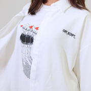 White hoodie with graphic design and 'OFF SCRIPT' text on the back