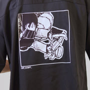 Black jacket with a white graphic design on the back