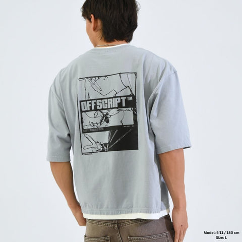 Person wearing a light gray t-shirt with a black graphic and 'OFFSCRIPT' text on the back, standing against a plain background.