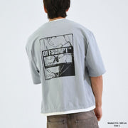 Person wearing a light gray t-shirt with 'OFFSCRIPT' design on the back, standing against a plain background.