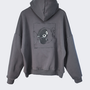 A gray hoodie with a graphic print of a cat on the front.