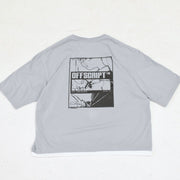 Gray t-shirt with black graphic design on a white background
