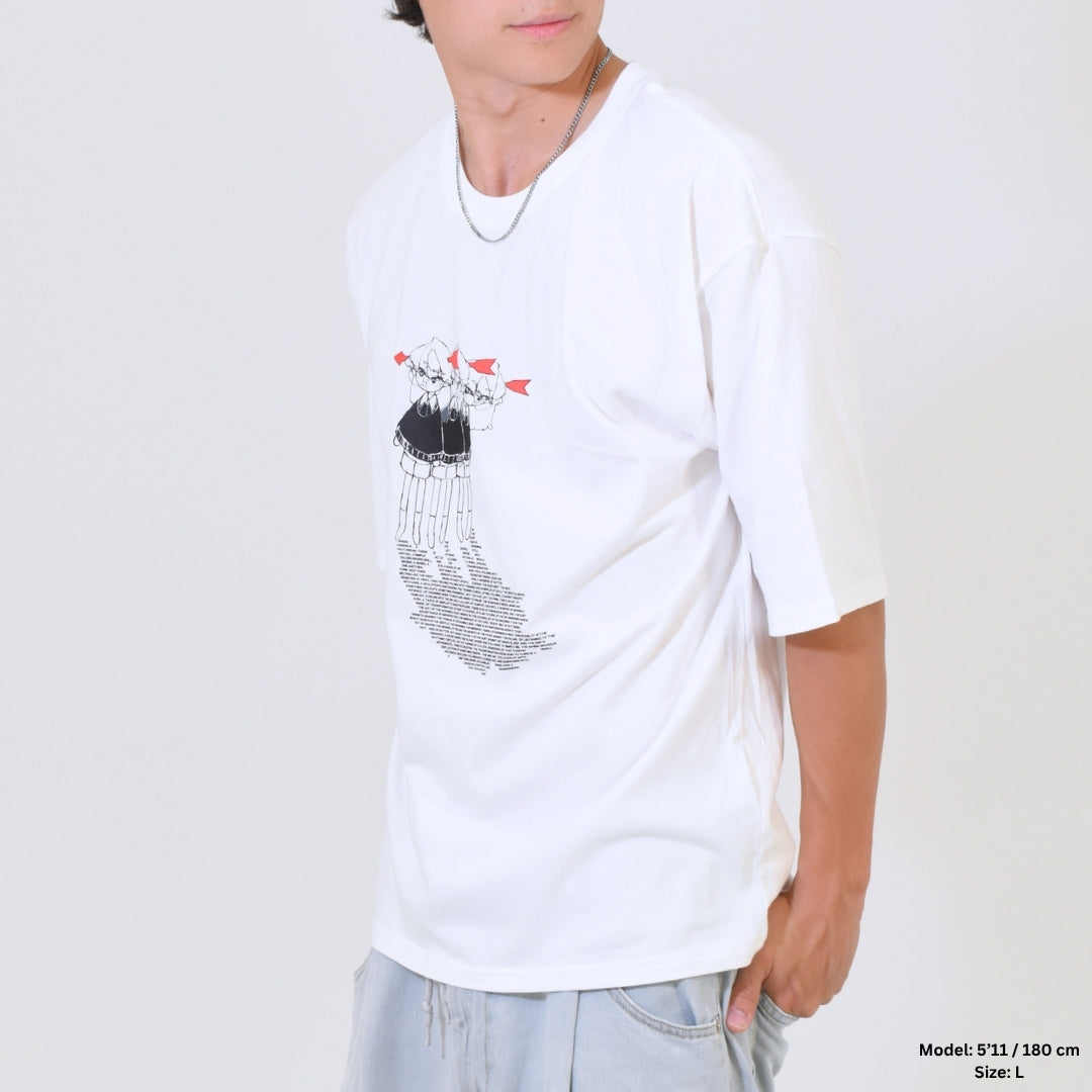 Person wearing a white t-shirt with a graphic design on a plain background